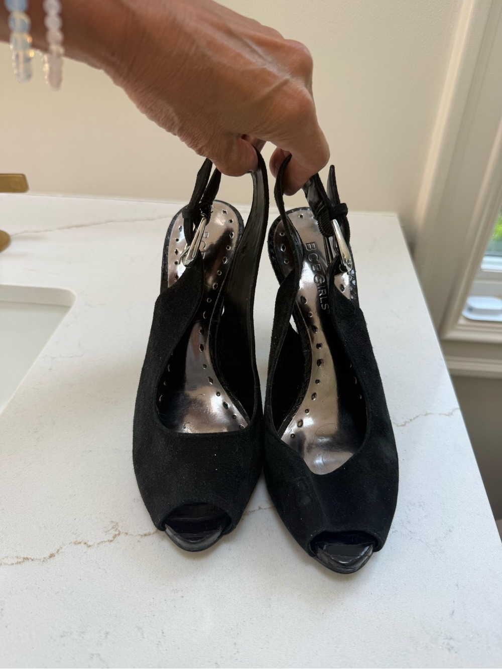 BCBGirls Black Suede Peep-Toe Slingback Heels